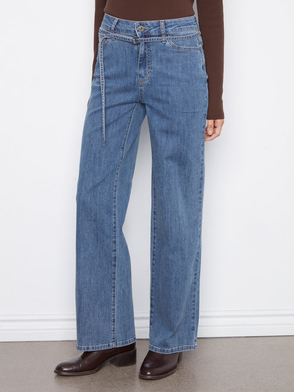 Belted Wide Leg Jeans - Medium Blue