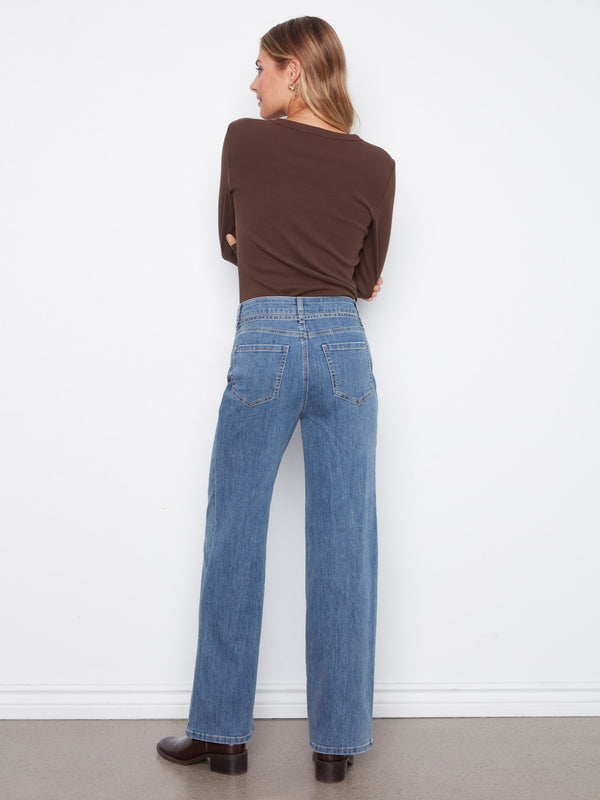 Belted Wide Leg Jeans - Medium Blue