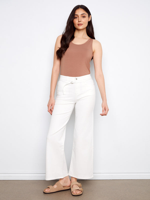 Belted Wide Leg Twill Pants - White