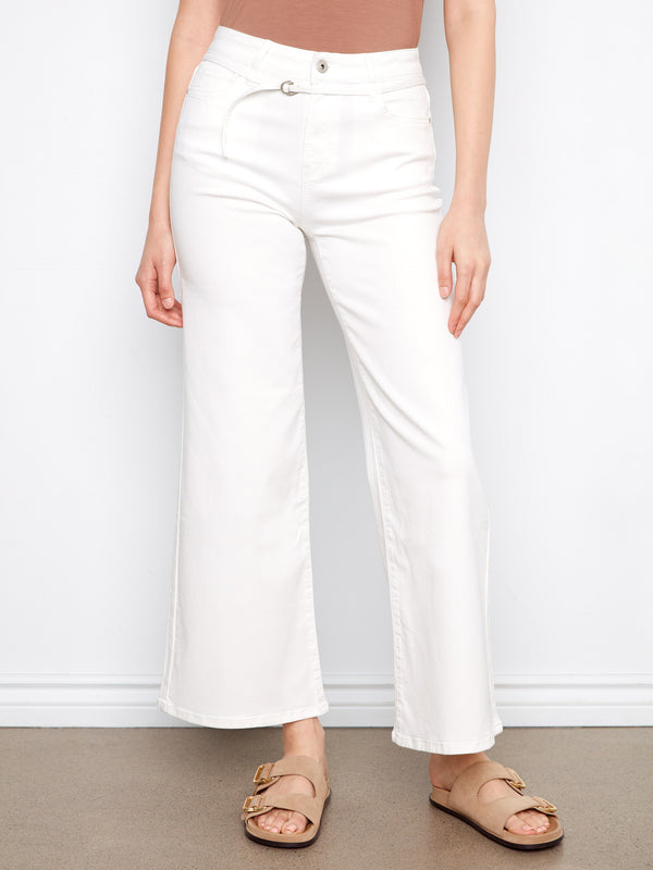 Belted Wide Leg Twill Pants - White