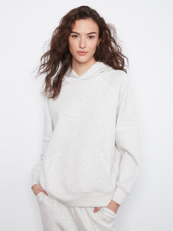 Blanket Stitch Soft Scuba Hoodie - Heather Light Grey
