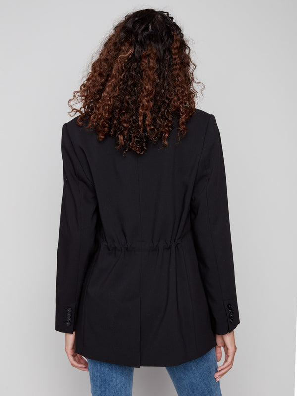 Chic black blazer showcasing adjustable ruched back detail for a customizable fit by Charlie B.