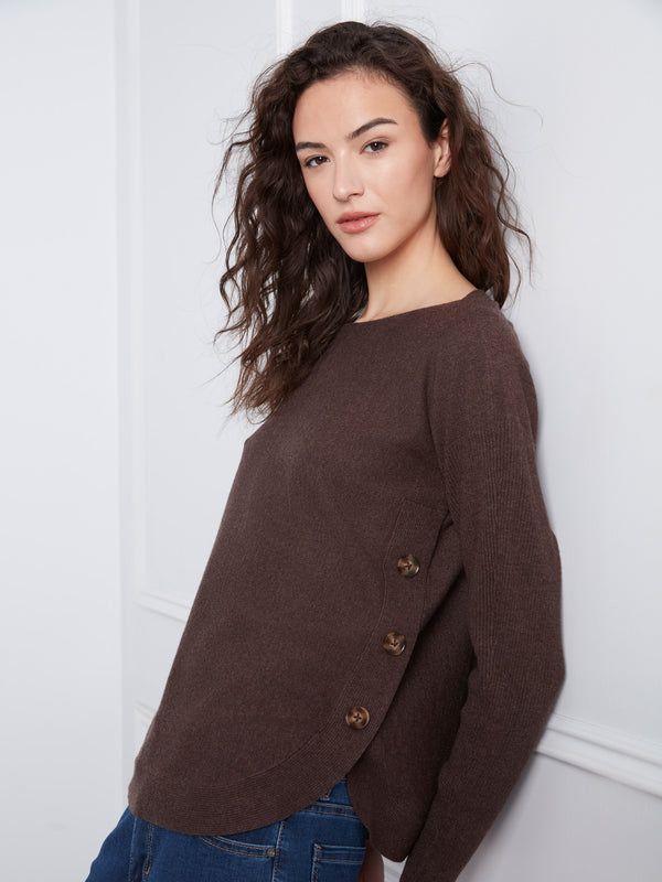 Boat Neck Sweater With Side Buttons - Heather Coffee