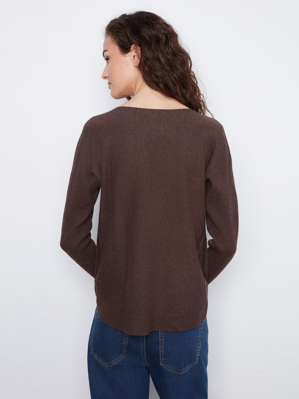 Boat Neck Sweater With Side Buttons - Heather Coffee