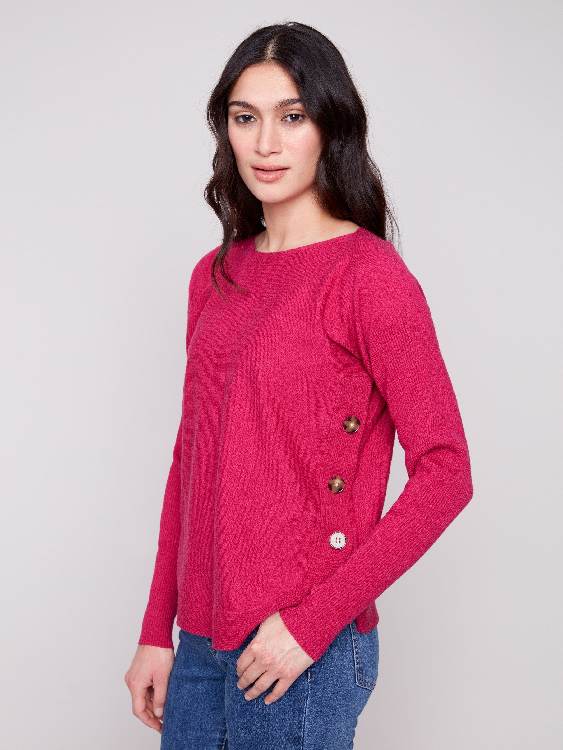 Heather hibiscus sweater with ribbed sleeves, adding a touch of texture to your outfit, suitable for any occasion by Charlie B.