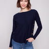 Navy long-sleeve sweater with a stylish boat neck, ideal for adding elegance to any outfit by Charlie B.