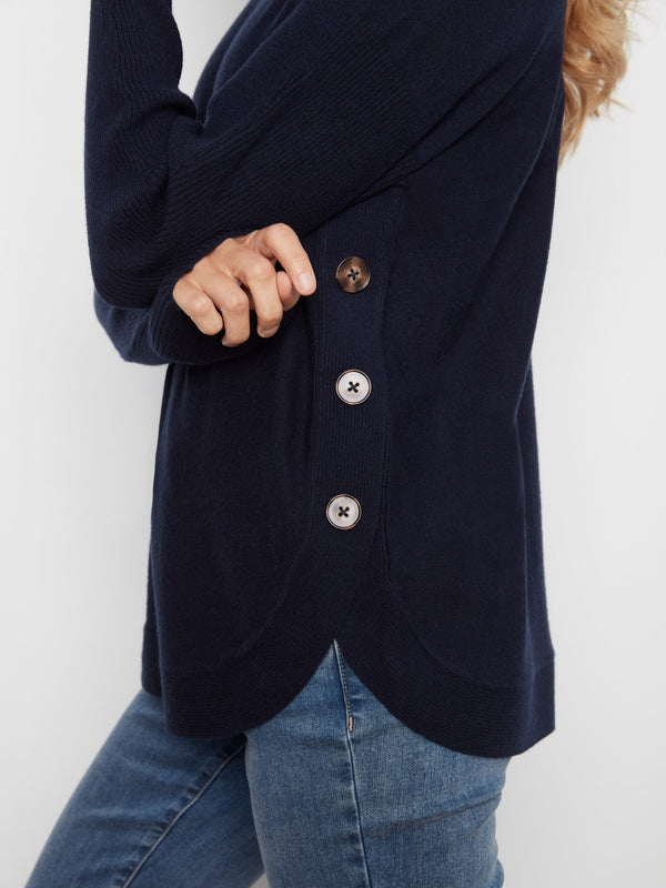Boat Neck Sweater With Side Buttons - Navy