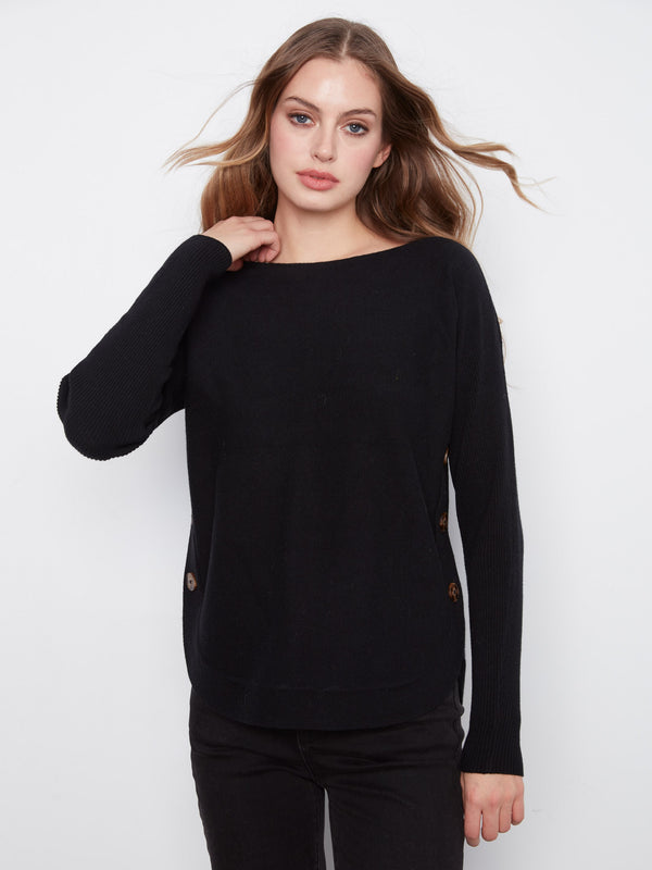 Boat Neck Sweater With Side Buttons - Black