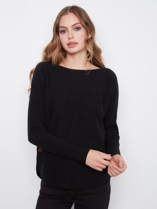 Boat Neck Sweater With Side Buttons - Black