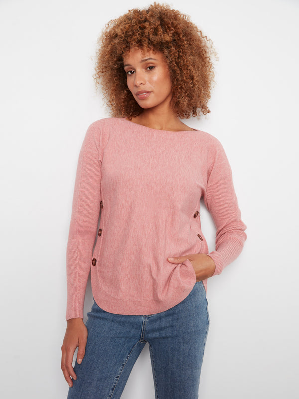 Boat Neck Sweater With Side Buttons - Heather Carnation