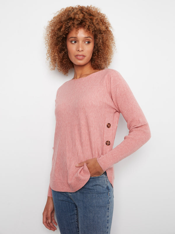 Boat Neck Sweater With Side Buttons - Heather Carnation