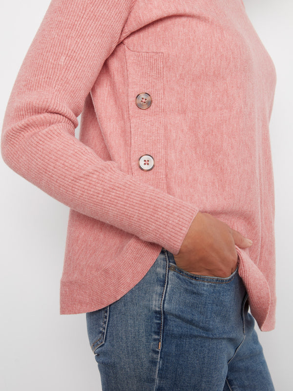 Boat Neck Sweater With Side Buttons - Heather Carnation