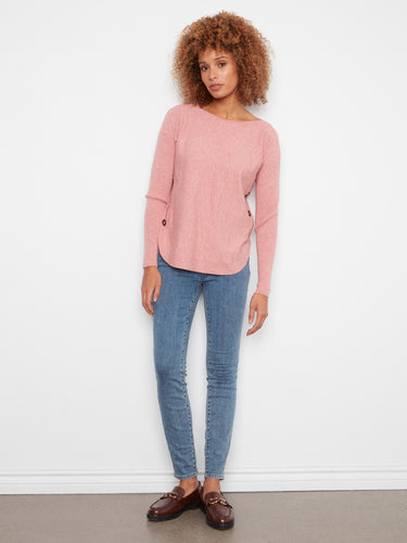Classic pink sweater with a flattering boat neck and rounded hemline, perfect for any occasion by Charlie B.