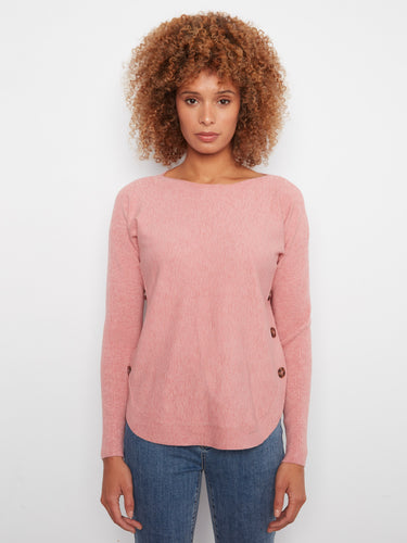 Stylish pink top featuring a comfortable boat neck and intricate side button detailing by Charlie B.