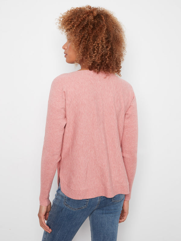 Boat Neck Sweater With Side Buttons - Heather Carnation