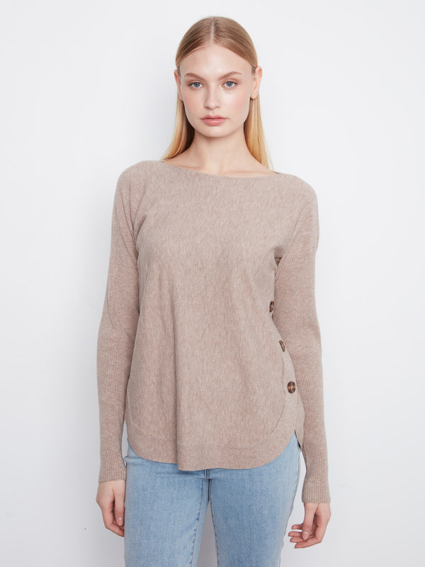 Boat Neck Sweater With Side Buttons - Heather Taupe