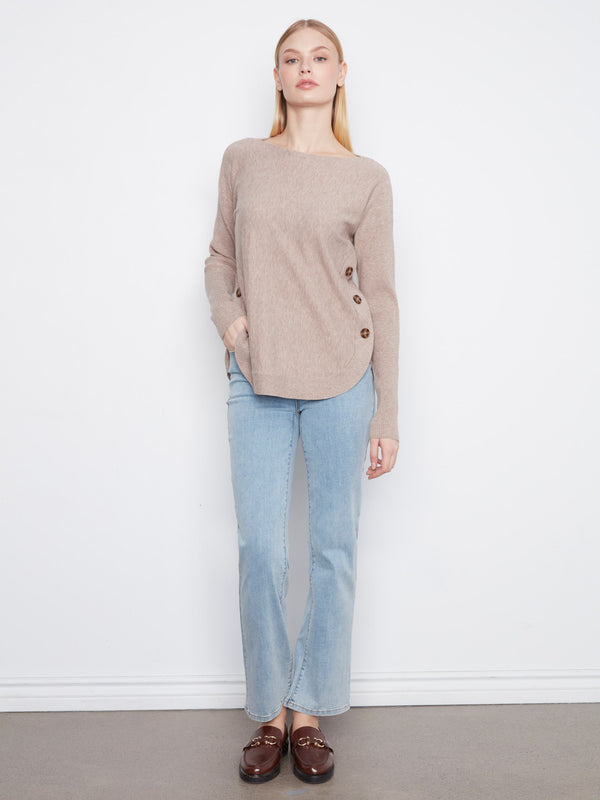 Boat Neck Sweater With Side Buttons - Heather Taupe