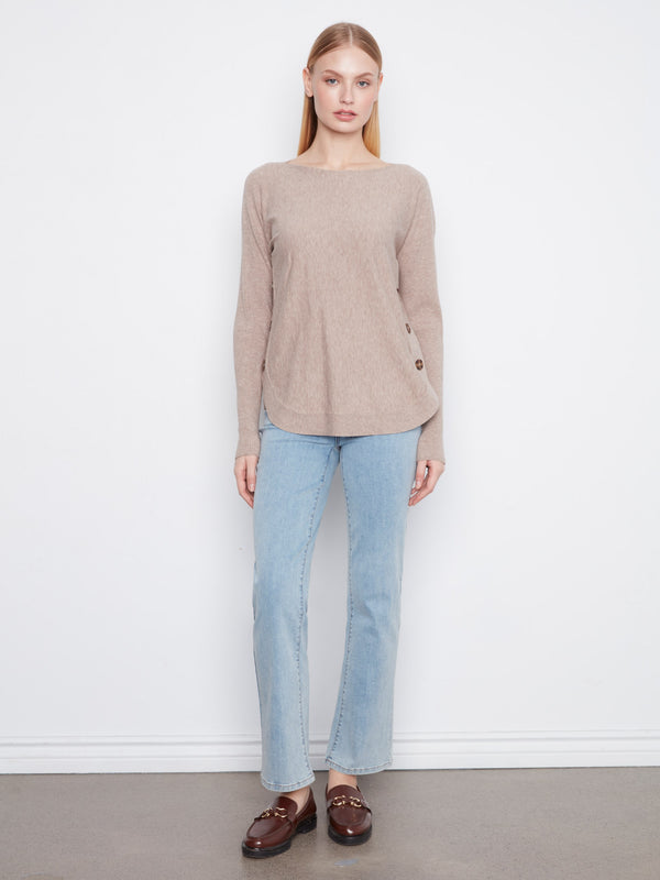 Boat Neck Sweater With Side Buttons - Heather Taupe