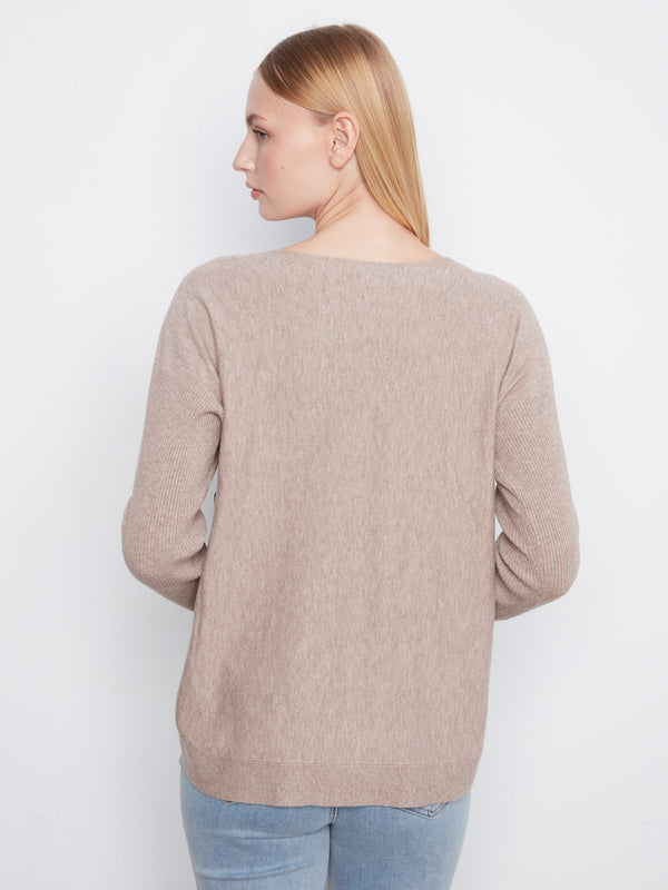 Boat Neck Sweater With Side Buttons - Heather Taupe