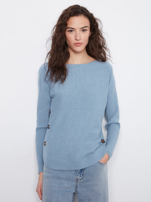 Boat Neck Sweater With Side Buttons - Heather Storm