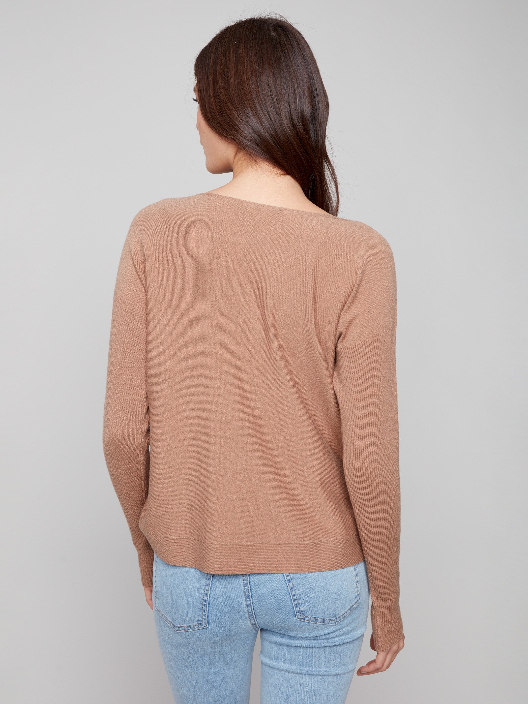 Classic truffle long-sleeve sweater showcasing a boat neck design, perfect for layering by Charlie B.