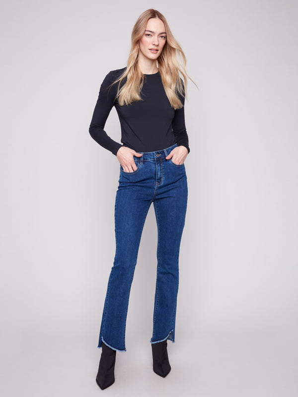 Indigo bootcut jeans featuring a regular rise and stylish stretch denim for comfort by Charlie B.