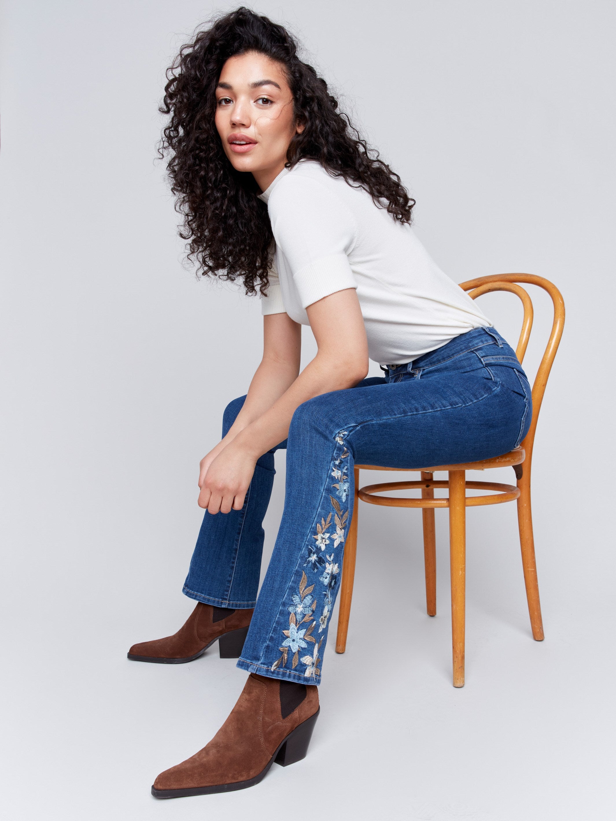 Charlie B Medium Denim Blue Short With Embriodered Flowers