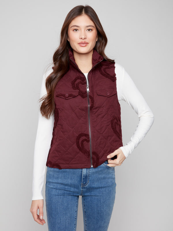 Chic quilted vest in cabernet with boucle heart accents, perfect for adding texture by Charlie B.
