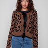 Animal print cardigan with plushy texture, featuring a stylish bow tie closure by Charlie B.