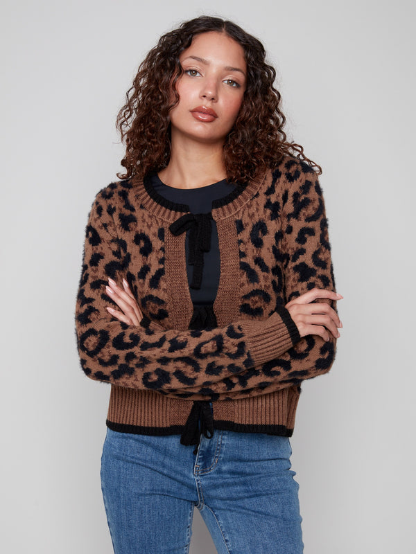 Stylish long-sleeve cardigan in brown and black, complete with a cozy plushy feel by Charlie B.