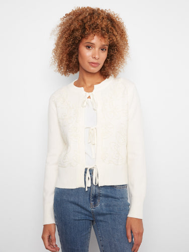 This cardigan features a crew neckline and floral embroidery on soft jacquard knit, perfect for cozy elegance by Charlie B.
