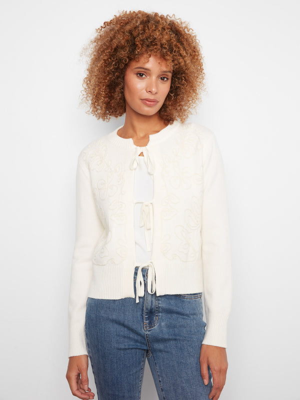 Bow Tie Jacquard Knit Cardigan - Ecru
