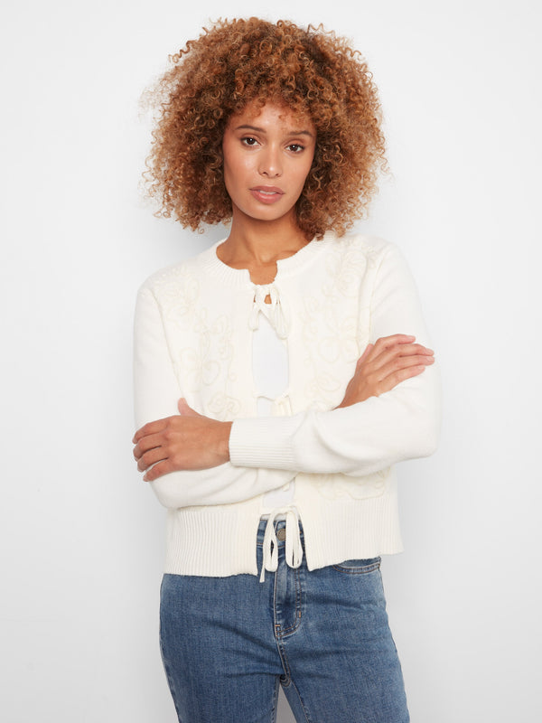 Bow Tie Jacquard Knit Cardigan - Ecru