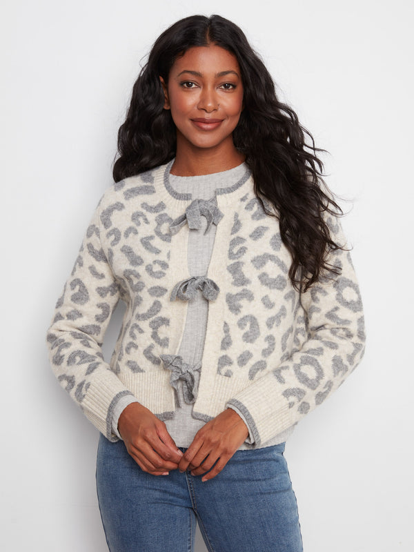 Bow Tie Jacquard Knit Cardigan - Leopard
