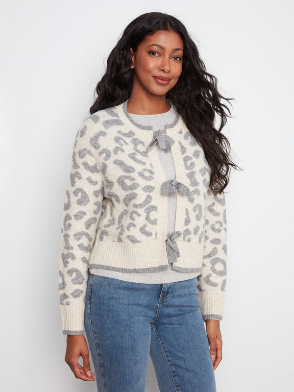 Bow Tie Jacquard Knit Cardigan - Leopard