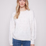Ecru sweater with a stylish crew neck and speckled design, featuring a unique braided 'Love' detail on the front by Charlie B.