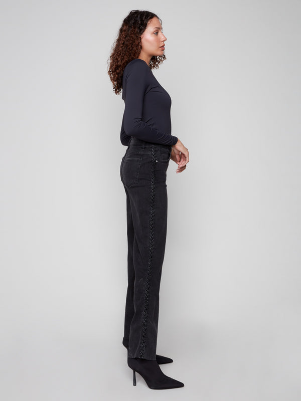 These long-length charcoal jeans showcase a straight fit with a unique braided side seam detail by Charlie B.