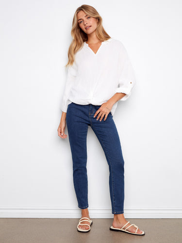 White blouse with roll-up sleeves and a chic front knot, made from breathable 100% cotton fabric by Charlie B.