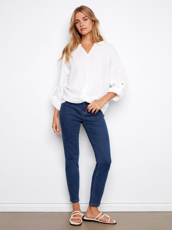 Bubble Cotton Blouse With Front Twist - White