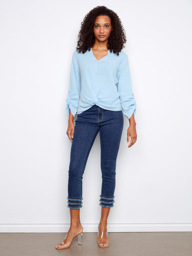 Chic light blue top featuring a front knot detail that adds a trendy touch, made entirely of cotton by Charlie B.