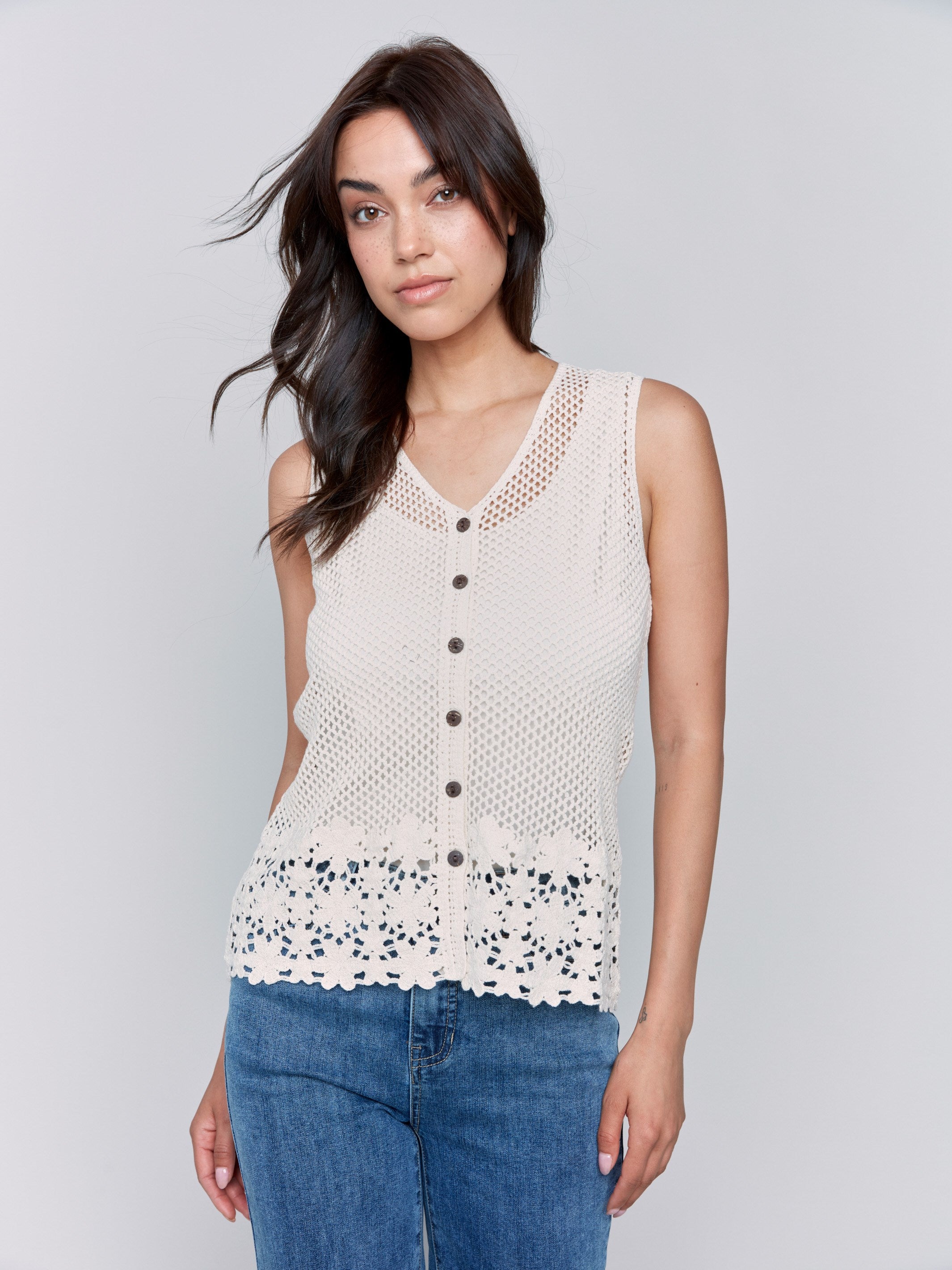 V-neck crochet vest with button detail by Charlie B.