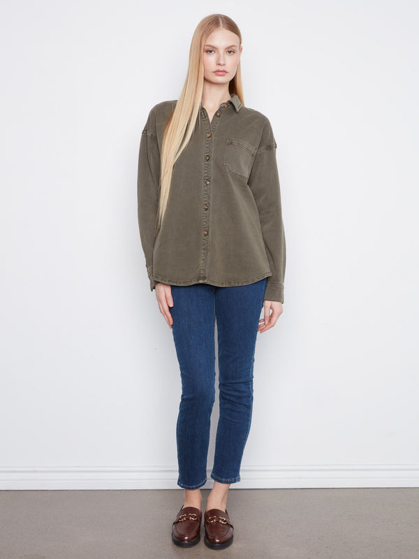 Button-Front Twill Overshirt - Moss