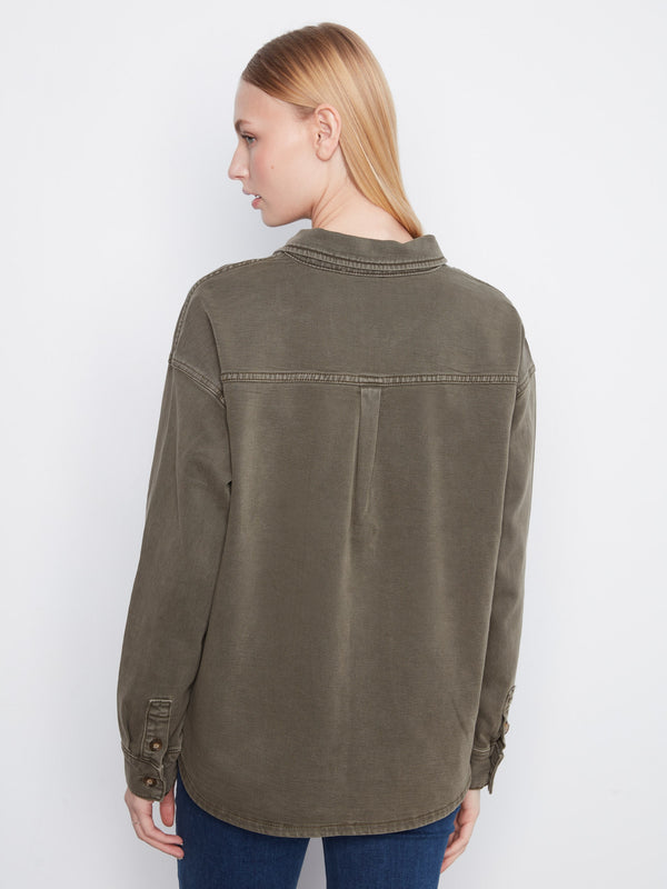 Button-Front Twill Overshirt - Moss