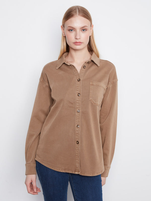 Button-Front Twill Overshirt - Walnut