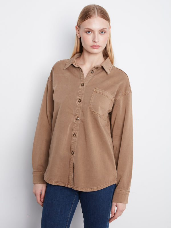 Button-Front Twill Overshirt - Walnut