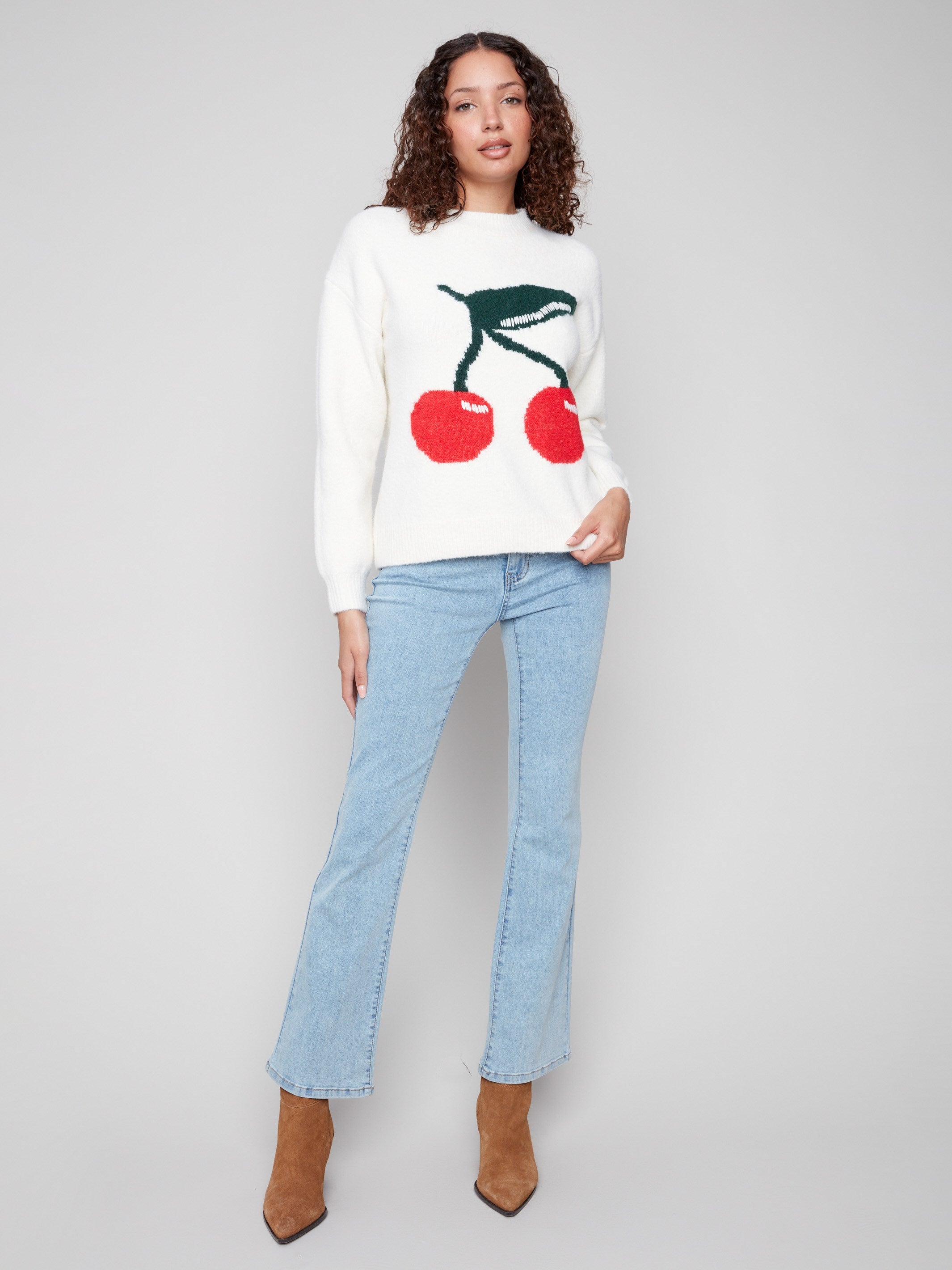 Charming white sweater with intarsia cherry motif and classic crew neck by Charlie B.
