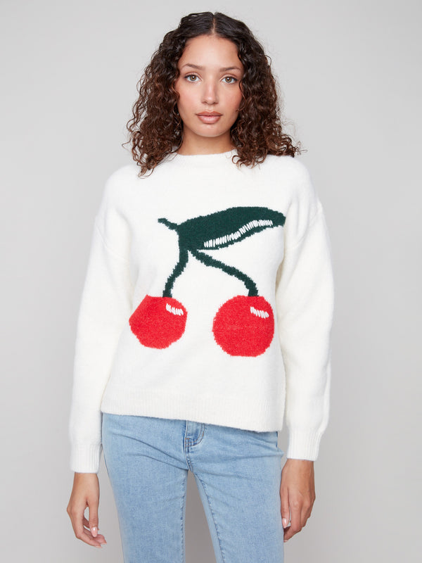 Cozy white intarsia sweater with cherries and comfortable crew neck style by Charlie B.