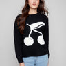 Charming black sweater with cherry intarsia and crew neck design, perfect for a cozy look by Charlie B.