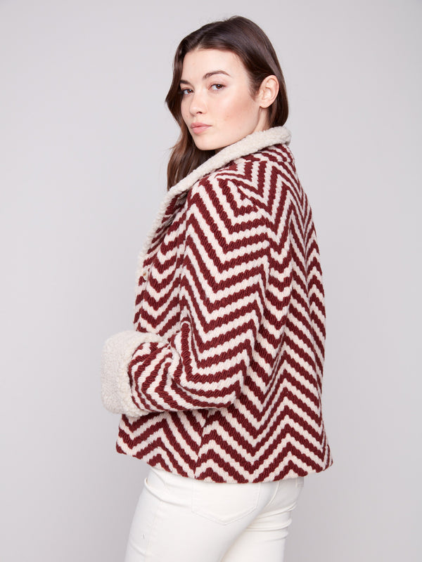 Chic Cabernet Chevron Boucle Jacket with side pockets and luxurious faux sherpa detailing on cuffs by Charlie B.