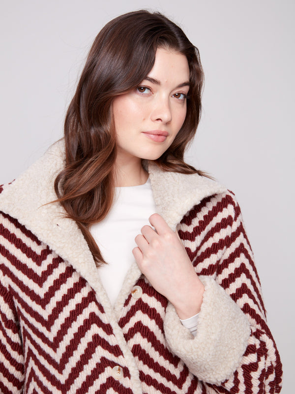 Chevron Bouclé Short Jacket With Sherpa Trim - Cabernet